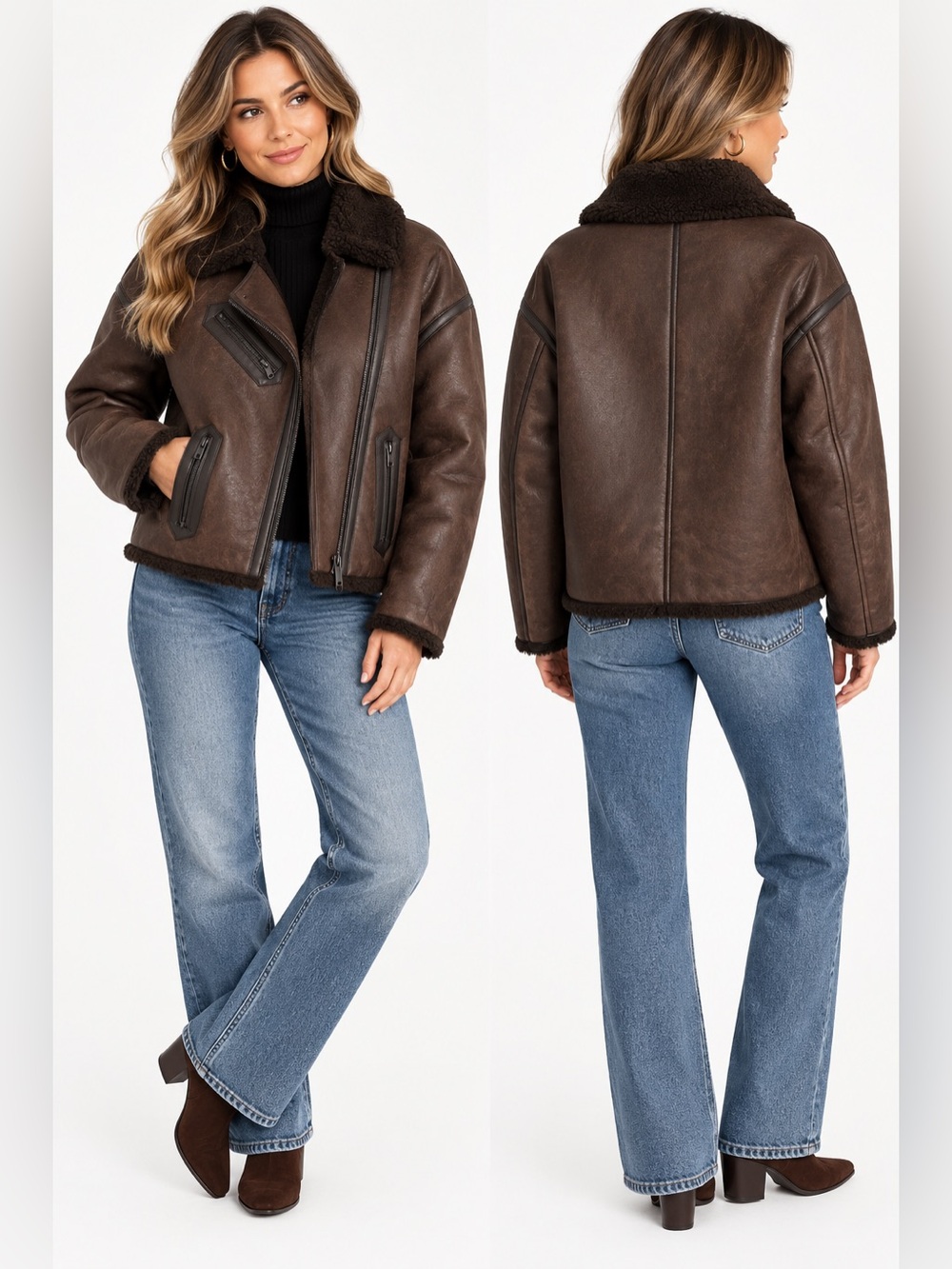 Saltwater Luxe oversized Brown faux leather Sherpa Lined Aviator Jacket small